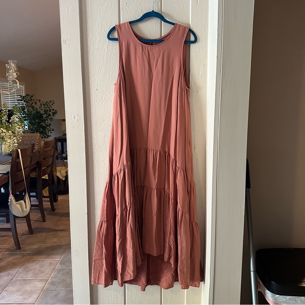 NEW MAEVE ANTHROPOLOGIE LONG SLEEVELESS TERRACOTTA TIERED MAXI DRESS L